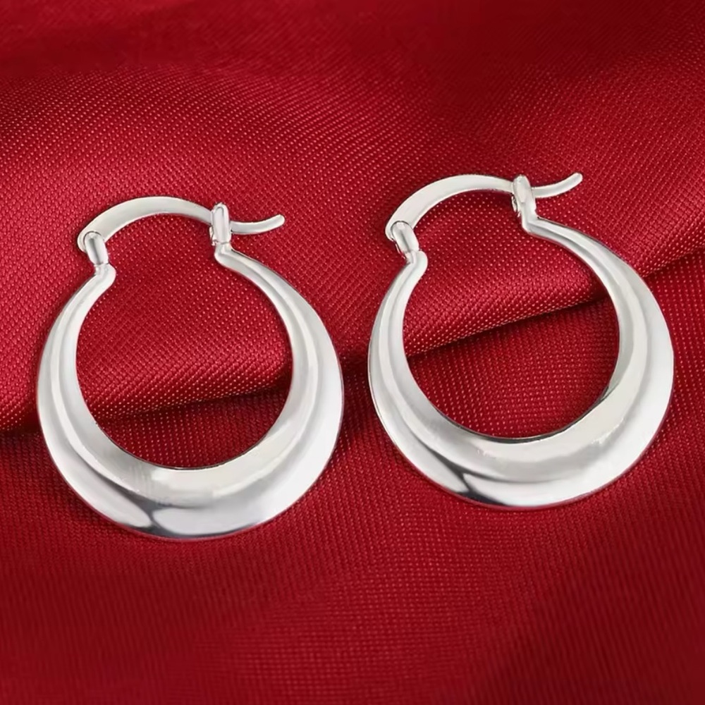 Silver Crescent Hoop Earrings with Double-Crescent Design - Picture 1 of 1